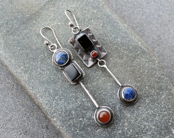 Sterling silver asymmetrical long earrings with blue lapis lazuli, orange carnelian and black onyx gemstone, rustic, artisan, silversmith