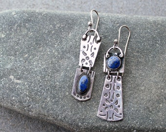 Sterling silver asymmetrical earrings with blue lapis lazuli gemstone, armenian, rustic, artisan, unique, modern, oxidized, silversmith