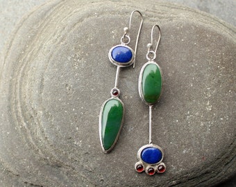 Sterling silver asymmetrical armenian long earrings with blue lapis lazuli, green nephritis and red garnet gemstones, rustic, silversmith