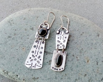 Sterling silver asymmetrical earrings with natural black onyx gemstone, armenian, rustic, artisan, unique, modern, oxidized, silversmith