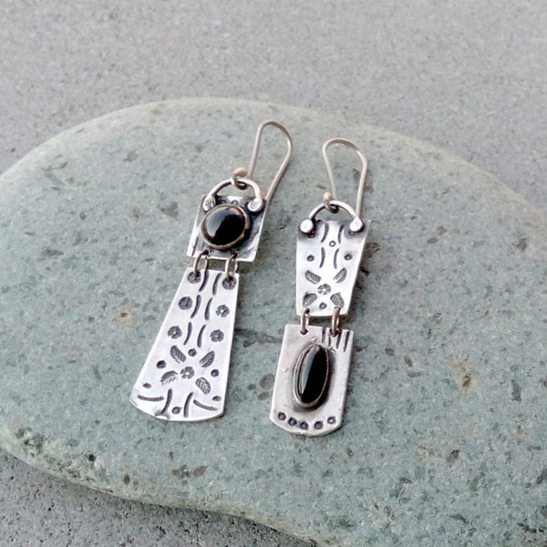 Sterling silver asymmetrical earrings with natural black onyx gemstone, armenian, rustic, artisan, unique, modern, oxidized, silversmith