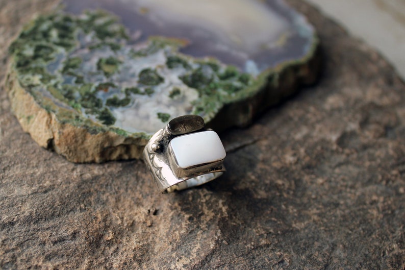 Sterling silver stamped oxidized wide band Armenian ring with white mother of pearls and grey topaz, rustic, silversmith, chunky, for her image 8