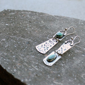 Sterling silver asymmetric earrings with green malachite gemstone, Armenian, rustic, artisan, unique, modern, nature, silversmith, for her image 2