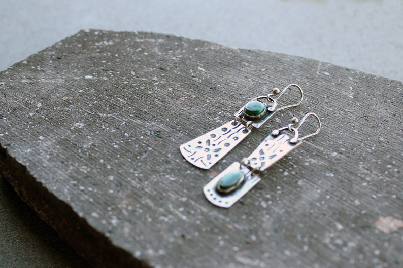 Sterling silver asymmetric earrings with green malachite gemstone, Armenian, rustic, artisan, unique, modern, nature, silversmith, for her image 2