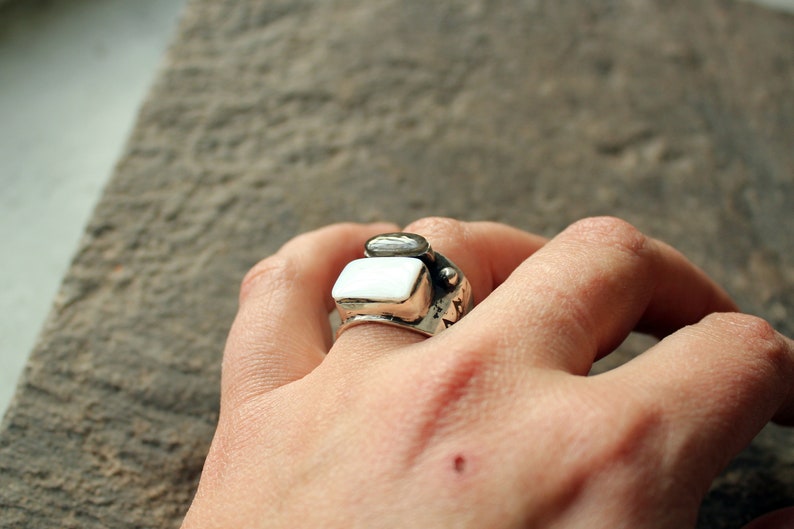 Sterling silver stamped oxidized wide band Armenian ring with white mother of pearls and grey topaz, rustic, silversmith, chunky, for her image 10