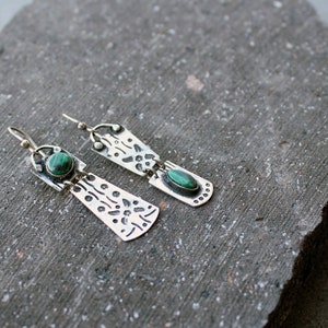 Sterling silver asymmetric earrings with green malachite gemstone, Armenian, rustic, artisan, unique, modern, nature, silversmith, for her image 7