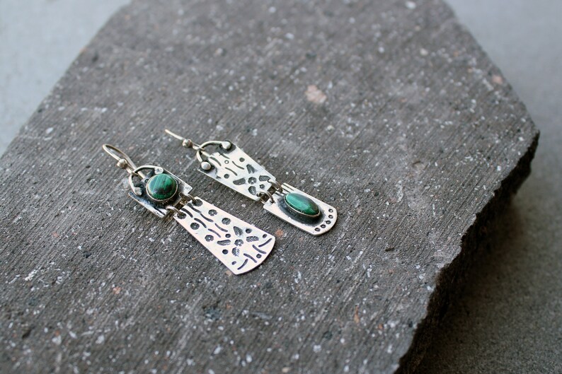 Sterling silver asymmetric earrings with green malachite gemstone, Armenian, rustic, artisan, unique, modern, nature, silversmith, for her image 7