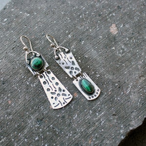 Sterling silver asymmetric earrings with green malachite gemstone, Armenian, rustic, artisan, unique, modern, nature, silversmith, for her image 5