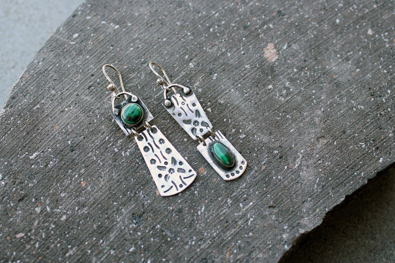 Sterling silver asymmetric earrings with green malachite gemstone, Armenian, rustic, artisan, unique, modern, nature, silversmith, for her image 5