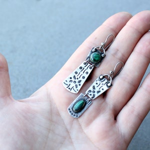 Sterling silver asymmetric earrings with green malachite gemstone, Armenian, rustic, artisan, unique, modern, nature, silversmith, for her image 8