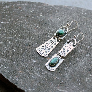 Sterling silver asymmetric earrings with green malachite gemstone, Armenian, rustic, artisan, unique, modern, nature, silversmith, for her image 4