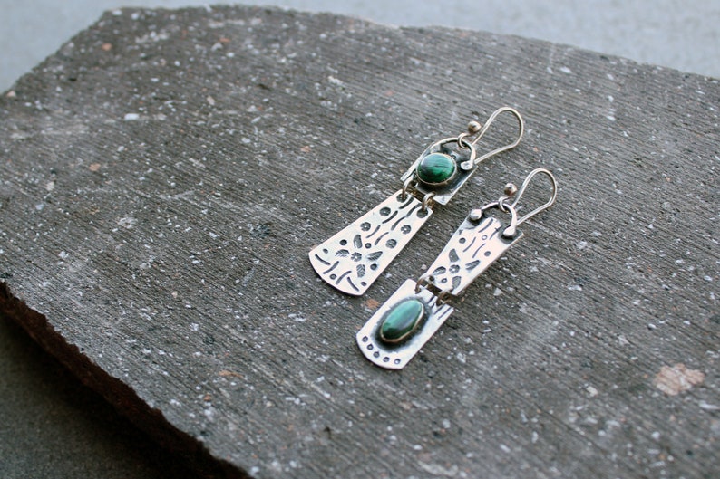 Sterling silver asymmetric earrings with green malachite gemstone, Armenian, rustic, artisan, unique, modern, nature, silversmith, for her image 4