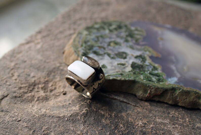 Sterling silver stamped oxidized wide band Armenian ring with white mother of pearls and grey topaz, rustic, silversmith, chunky, for her image 1