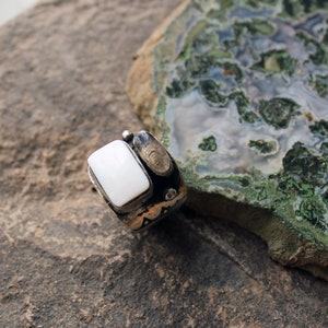 Sterling silver stamped oxidized wide band Armenian ring with white mother of pearls and grey topaz, rustic, silversmith, chunky, for her image 6