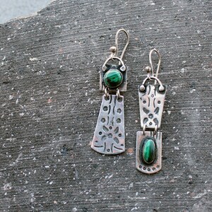 Sterling silver asymmetric earrings with green malachite gemstone, Armenian, rustic, artisan, unique, modern, nature, silversmith, for her image 3