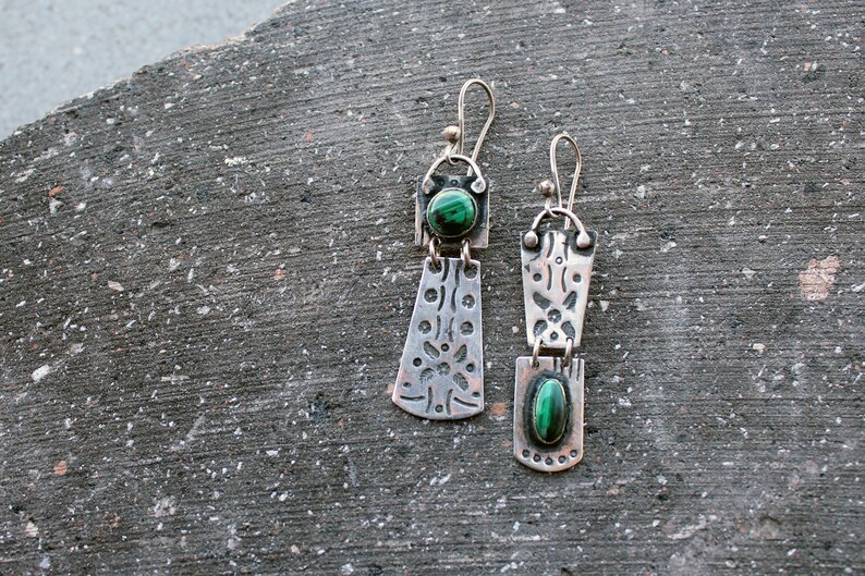 Sterling silver asymmetric earrings with green malachite gemstone, Armenian, rustic, artisan, unique, modern, nature, silversmith, for her image 3