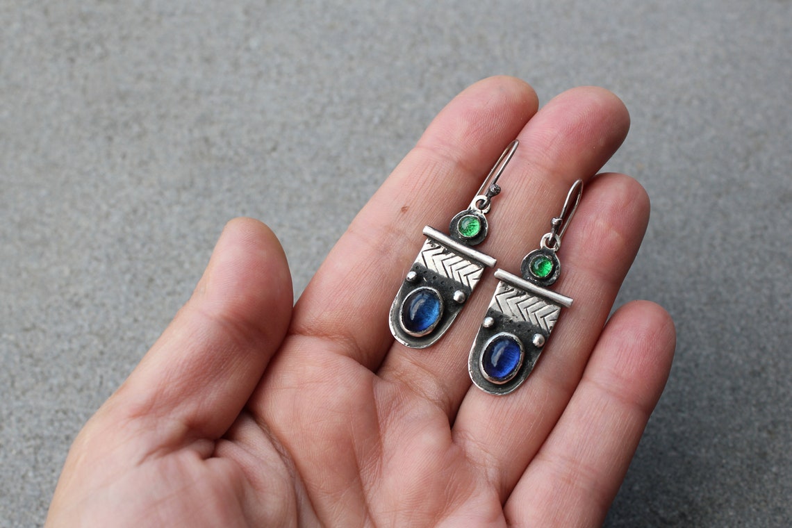 Silver Oxidised with Semi-Precious Stones Embedded Medium Length Earrings for Women main image 1