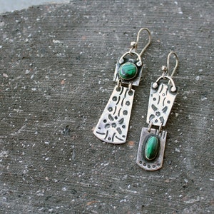 Sterling silver asymmetric earrings with green malachite gemstone, Armenian, rustic, artisan, unique, modern, nature, silversmith, for her image 6