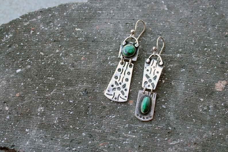 Sterling silver asymmetric earrings with green malachite gemstone, Armenian, rustic, artisan, unique, modern, nature, silversmith, for her image 6