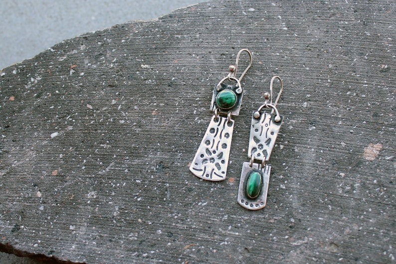 Sterling silver asymmetric earrings with green malachite gemstone, Armenian, rustic, artisan, unique, modern, nature, silversmith, for her image 1