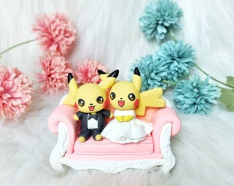 Customize commission: Couple Pikachu sitting on chair together handmade clay
