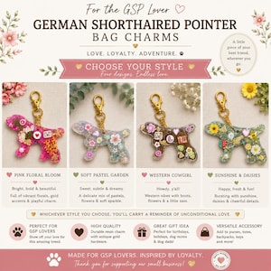 Pode incluir: Quatro pendentes para mala em forma de braco alemão de pelo curto com fechos dourados. Os designs incluem Pink Floral Bloom com flores cor-de-rosa, Soft Pastel Garden com flores claras, Western Cowgirl com botas e corações, e Sunshine & Daisies com flores amarelas e abelhas.