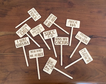 Punny Engraved Wood Plant Markers, Funny Plant Sayings