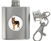 German Shepherd Image Design Miniature Brushed Steel 1oz Flask Keyring