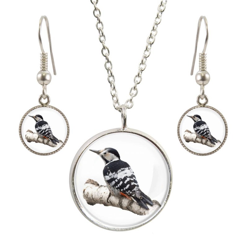 Woodpecker Image On Silver Plated Pendant Necklace and Earring Set