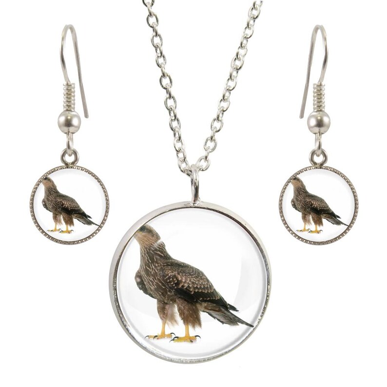 Buzzard Puppy Image On Silver Plated Pendant Necklace and Earring Set
