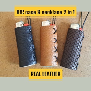 Custodia in pelle per accendini Bic, portaccendino collana con chiusura regolabile, fatto a mano