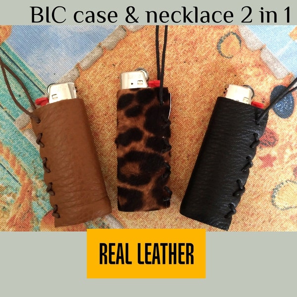 Leather lighter case, case for lighters Bic with sliding cord, holder necklace, hand made leather cover, lighter cover