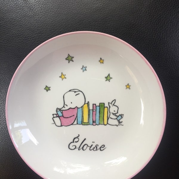 Cadeau original pour enfant, naissance, baptême, assiette en porcelaine personnalisée. Choisissez votre dessin : Ours, éléphant, baleine…