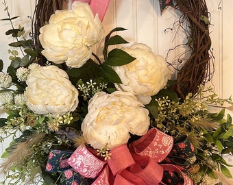 Mothers Day Wreath, front door wreath, peony wreath, spring wreath, summer wreath, cottage wreath, floral wreath, large wreath, doorhanger