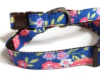 Blue Flowers! - Handmade MARTINGALE or BUCKLE dog collar