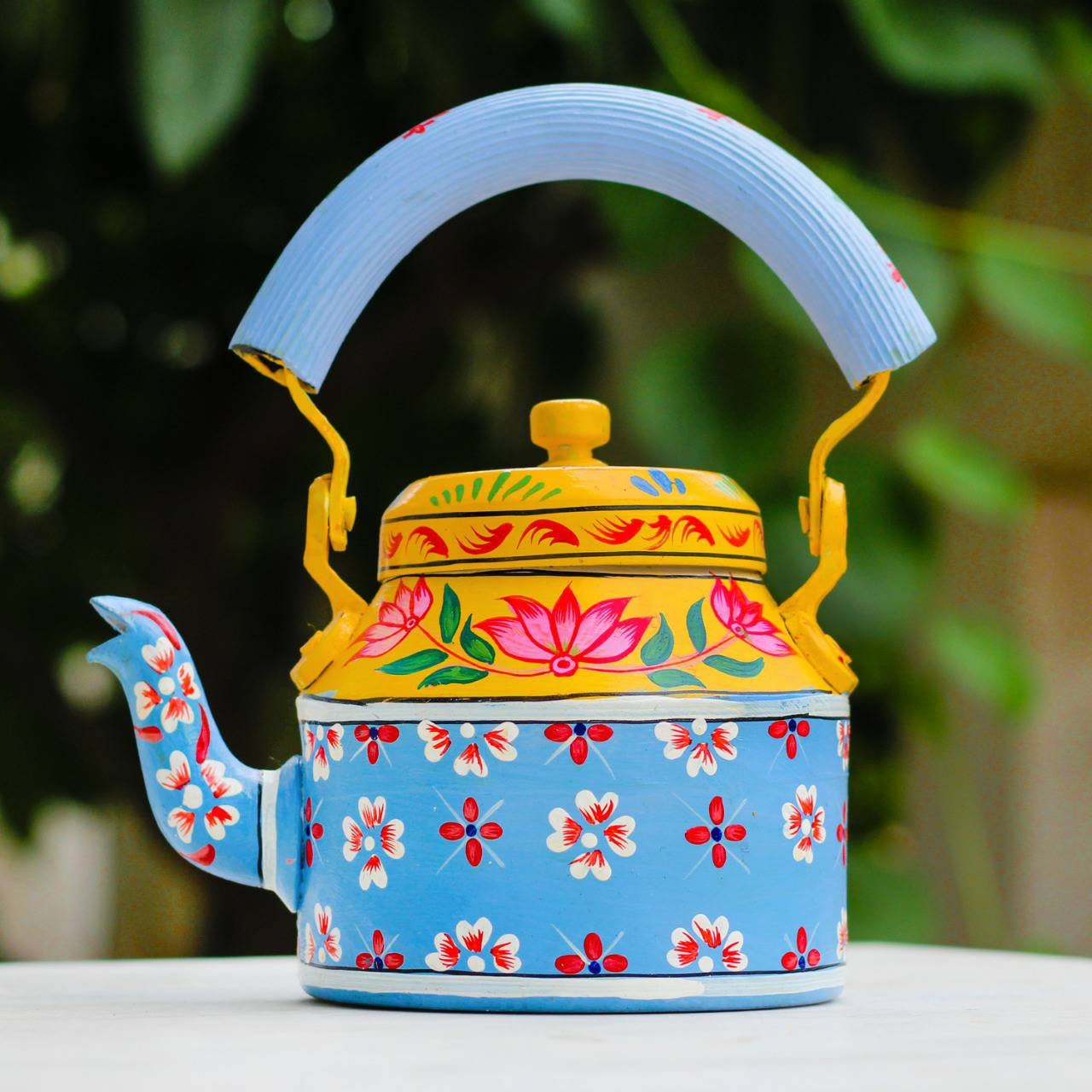 Iconic Black & White Courtly Check Enamel Tea Kettle with Bird