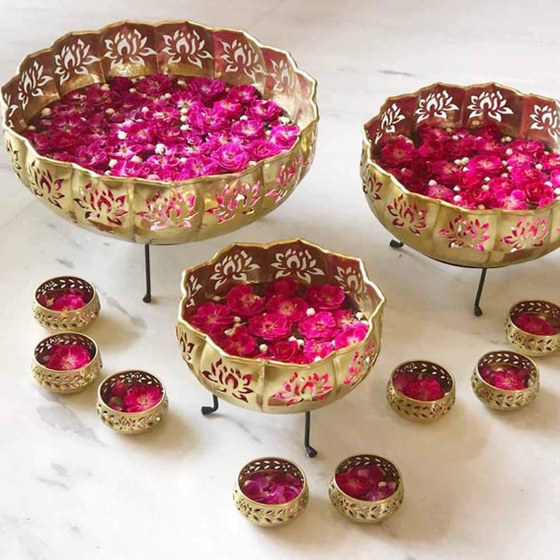 Handmade Round Lotous Shape Metal Urli Set of 11