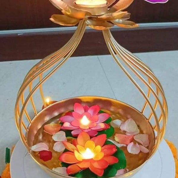 2 pc set Lotus urli candle stand/ diya holder/Candle Festive Decor urli bowl / urli with stand -Event/wedding/Diwali/Christmas decoration