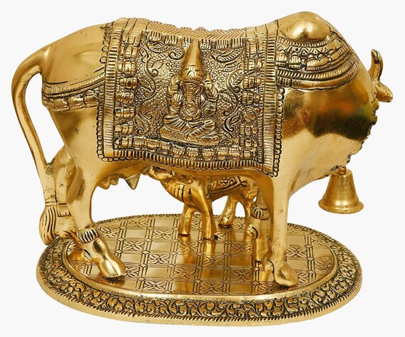 Lord Krishna's Kamdhenu Cow with Calf and Krishna Brass Like Metal Showpiece 