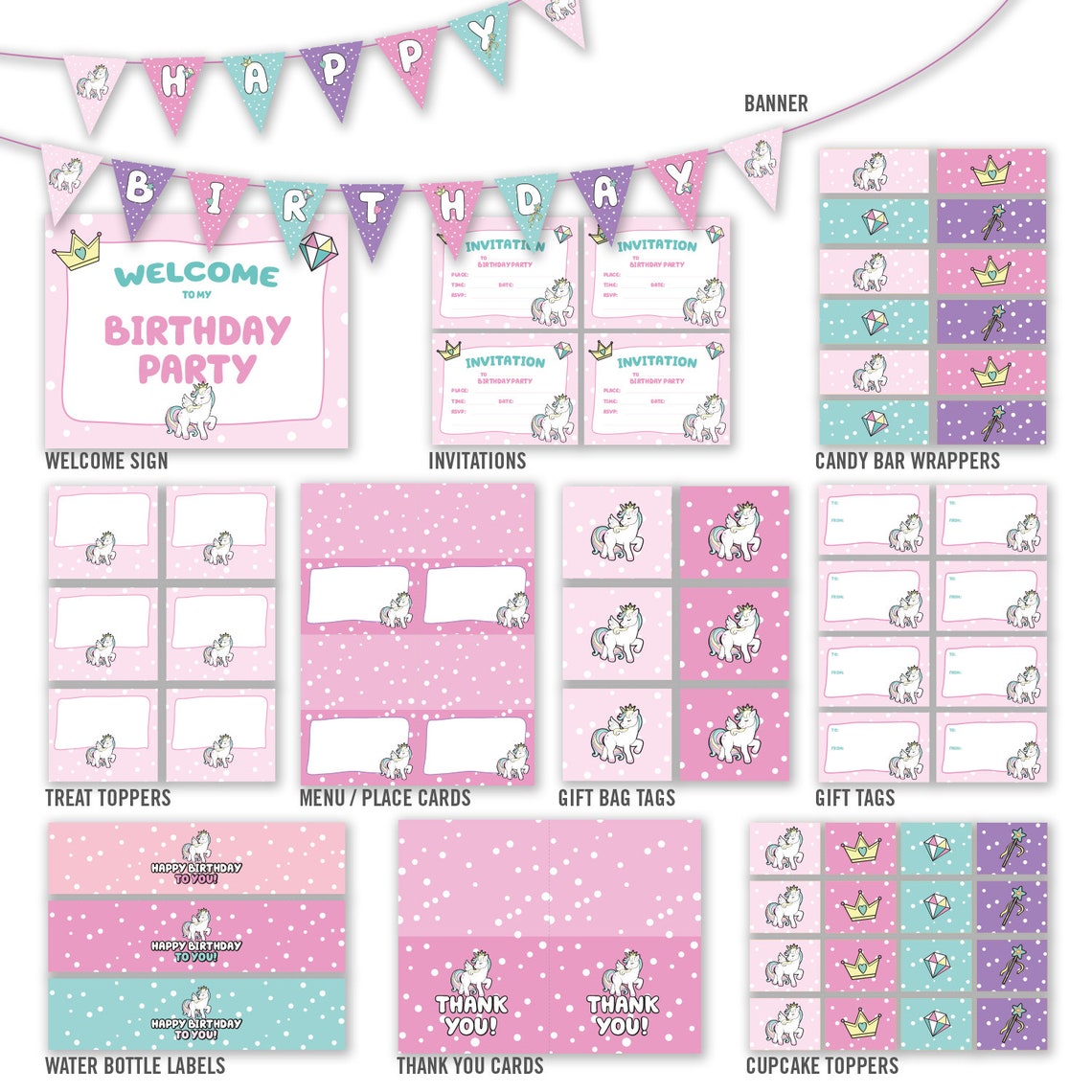 Unicorn Theme Birthday Party Printables Set | Etsy