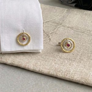 Gemelli in argento sterling placcato oro vermeil, gioielli fatti a mano con rubino, regalo per lui