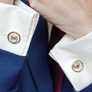 Silver gold and ruby round cufflinks, Versatile cufflinks for him and her, Sculptural cufflinks gift for weddings