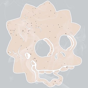May include: A cartoon skull with a light pink color and a white outline. The skull has a large, open mouth and two large eye sockets.