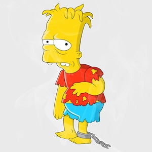 May include: A cartoon character with yellow skin, red shirt, and blue shorts is depicted with a sad expression. The character is wearing shackles on their ankles and a chain.
