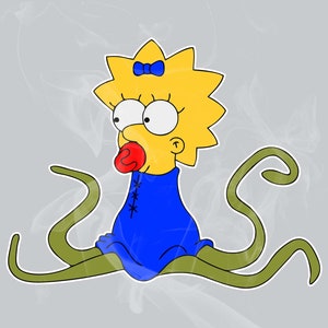 May include: A cartoon illustration of Maggie Simpson with a yellow head and spiky hair, wearing a blue dress and a blue bow. The character has a red pacifier in her mouth and green tentacles extending from her dress.