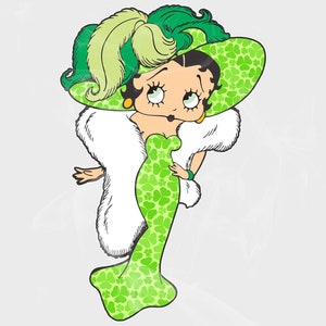 Peut inclure: Une illustration de dessin animé d'une femme portant une robe à motif de trèfle vert, un manteau de fourrure blanc et un chapeau vert avec une plume.