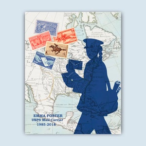 PostWoman Art, Female Mail Carrier, Travailleuse postale personnalisée, Affiche de timbre de carte Postman, Cadeau de retraite Postman, décor de bureau de poste