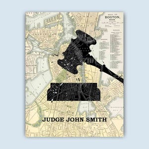 Impresión de juez, regalo de juez personalizado, justicia, símbolo de martillo cartel de justicia, arte del mapa de Boston, regalo de graduación, regalos de juez, cartel de justicia