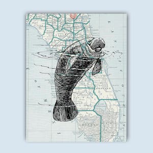 Manatee poster, nautische poster, Manatee kunst, Florida kaart kunst, mariene decor muur, strand cottage kunst, Manatee Florida kustkunst