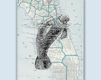 Manatee Florida Map Art Print, Coastal Marine Decor